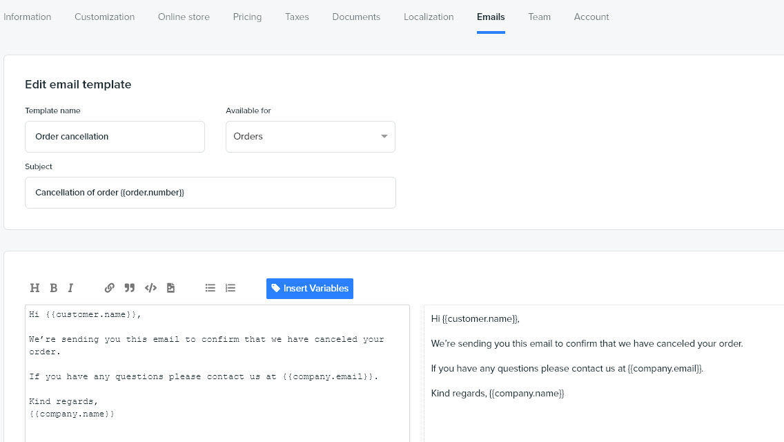 Booqable screenshot: Editing Documents and Emails