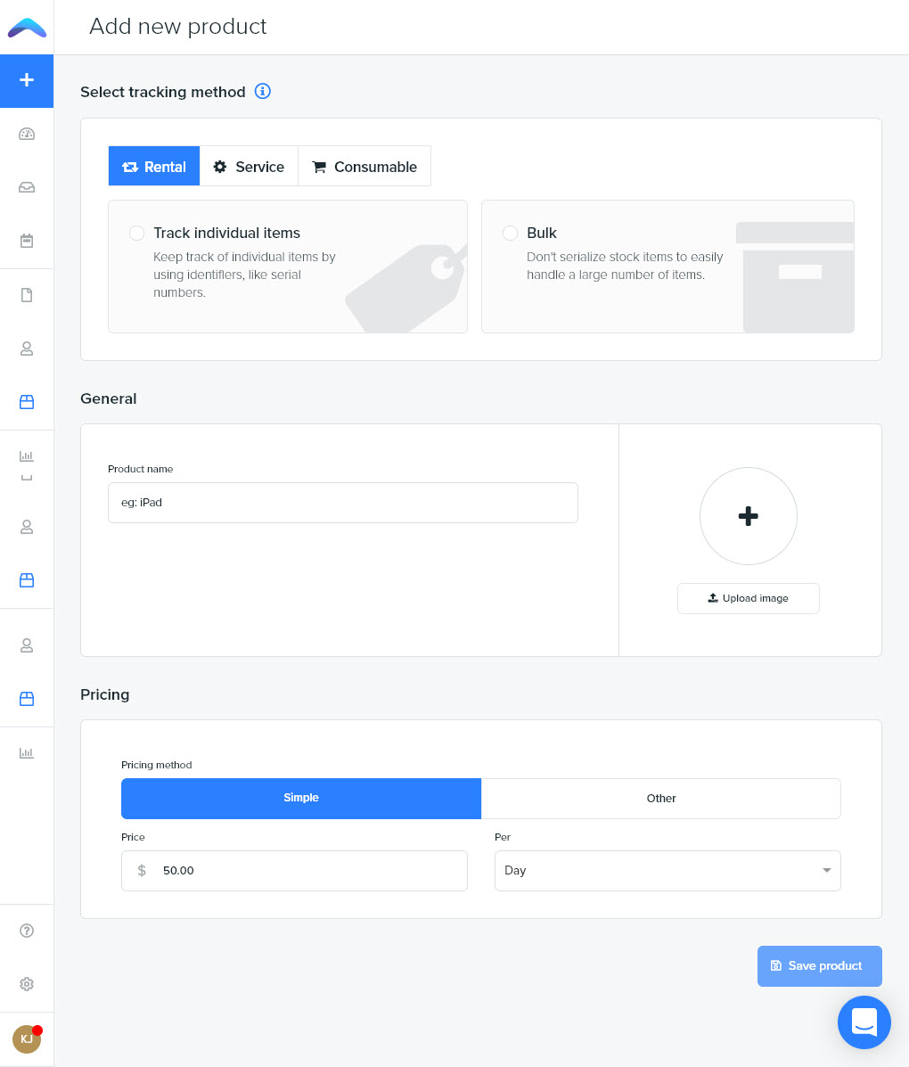 Booqable screenshot: Adding Products