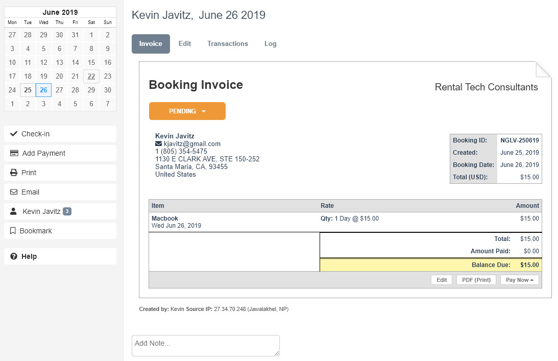 Checkfront screenshot: Creating An Order
