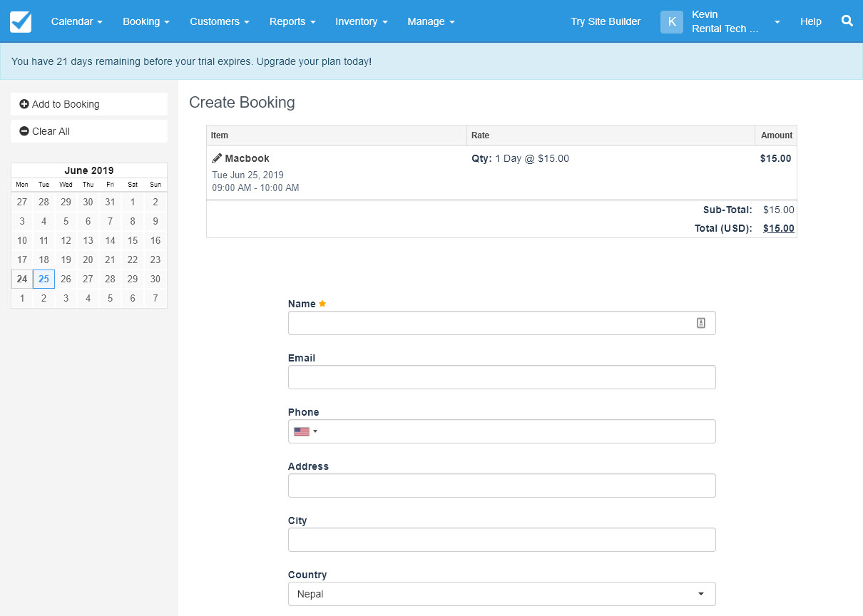 Checkfront screenshot: Creating An Order