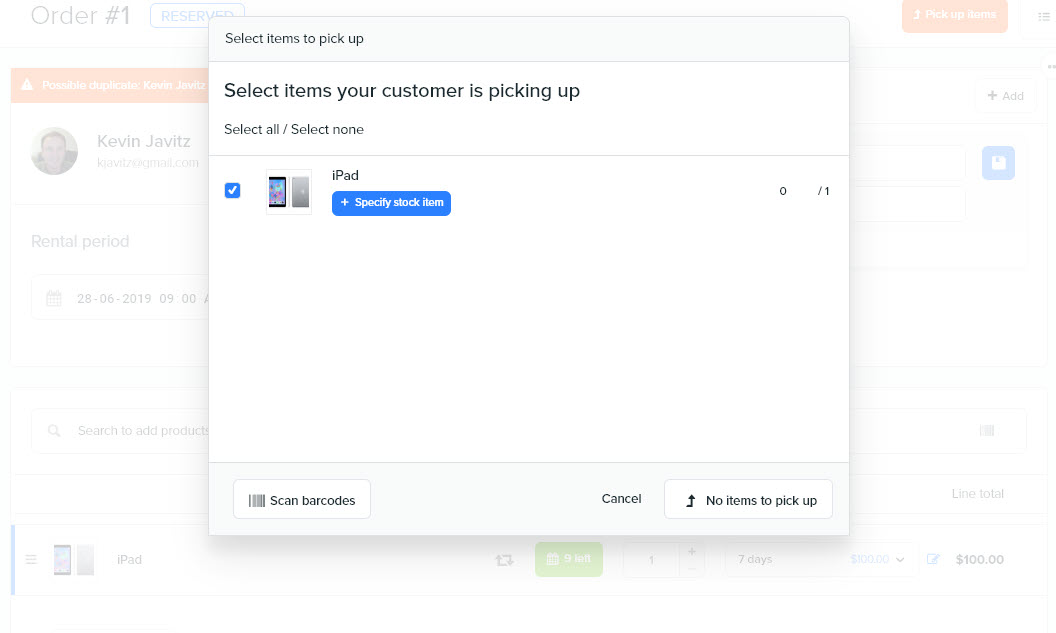 Booqable screenshot: Adding Orders