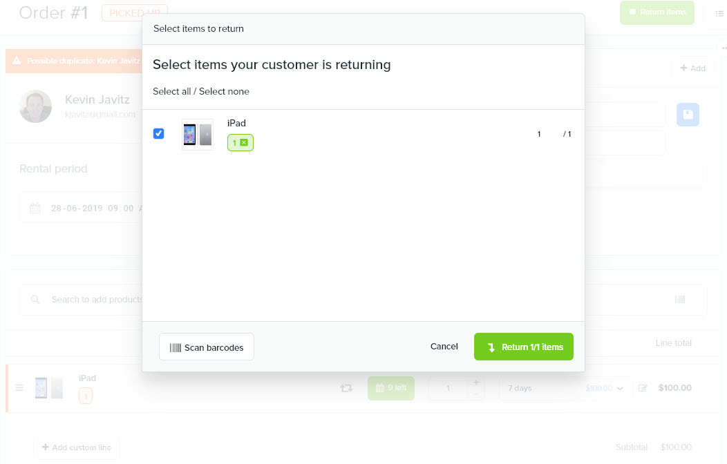 Booqable screenshot: Adding Orders